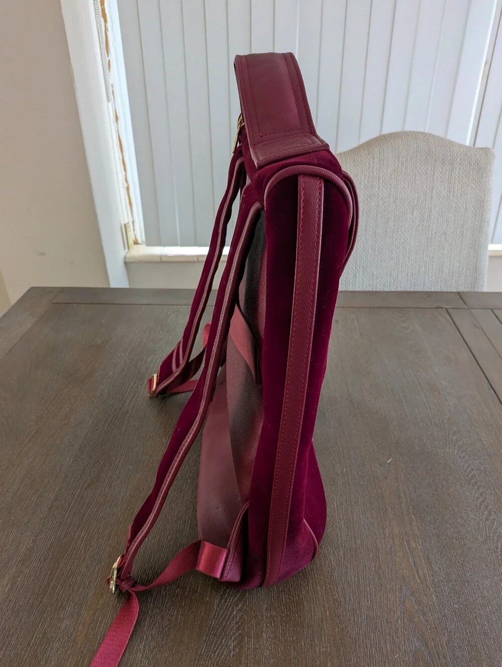 Tote & Carry Velvet Vegan Leather Backpack Bag Burgundy